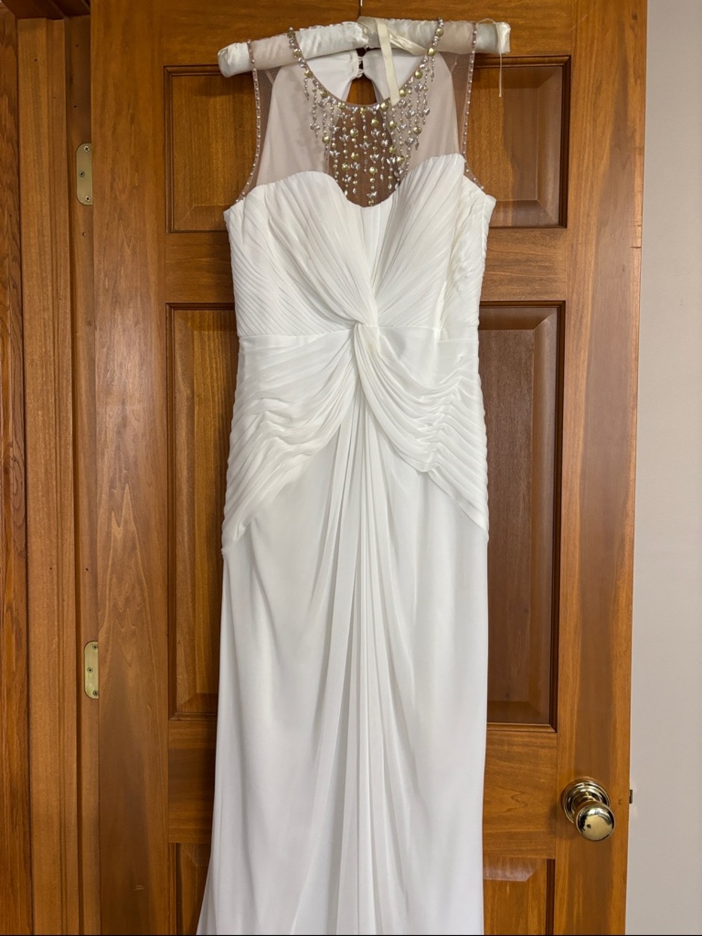Beaded Illusion Yoke White Wedding Gown with Draped Bodice